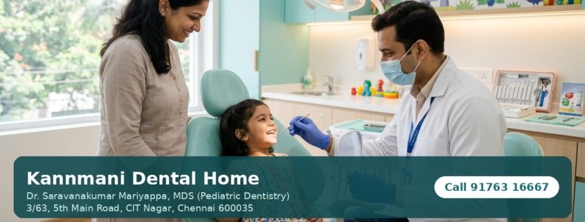 Milk teeth decay treatment in Chennai: pediatric dentist examining a smiling child, mother beside